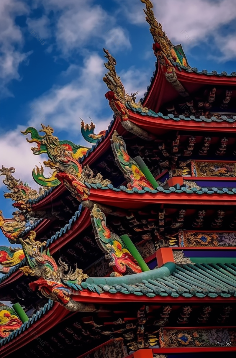 蓝天下华丽楼阁寺庙一角摄影背景,高清,摄影图,摄影图片,图片大全,摄影图免费下载